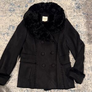 Sonoma Black Winter Suede Feel Pea Coat with Faux Fur Collar